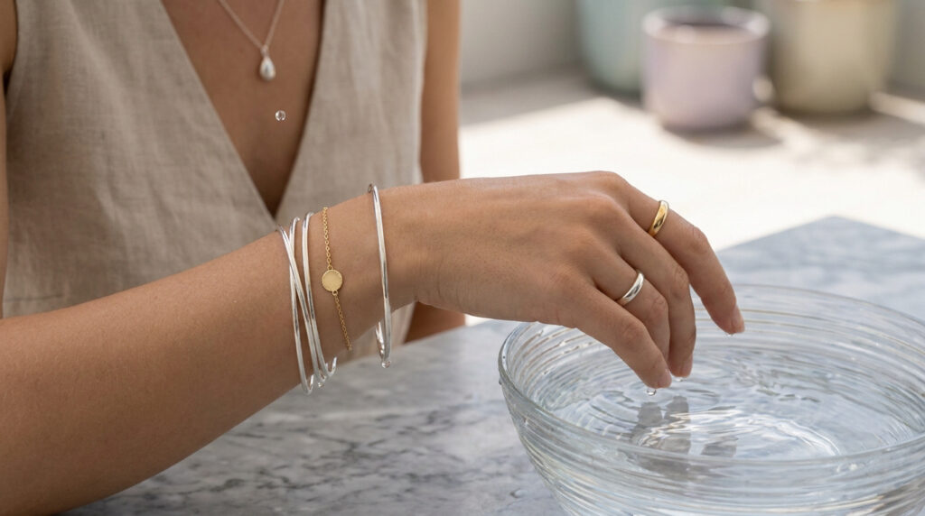 Main d'une femme portant des bracelets et bagues Pohesia touchant l'eau dans un bol en verre.
