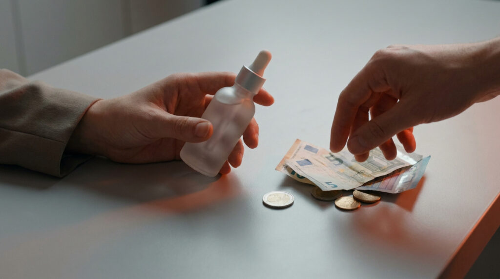 Une main échange un flacon de sérum cosmétique contre des billets et des pièces d'euros sur une table.