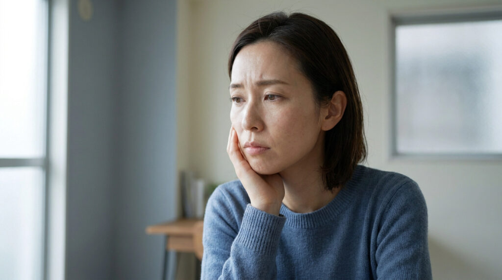 Une femme japonaise d'âge mûr a l'air préoccupée et triste, le visage appuyé sur sa main dans un intérieur lumineux.