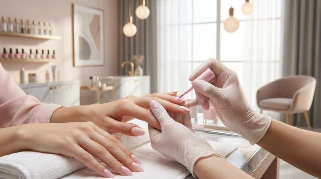 Une esthéticienne en gants blancs applique du vernis rose sur les ongles d'une cliente dans un salon de beauté élégant.