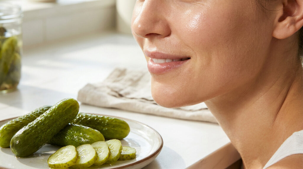 Une femme au teint radieux souriant à côté d'une assiette de cornichons frais sur une table de cuisine lumineuse.