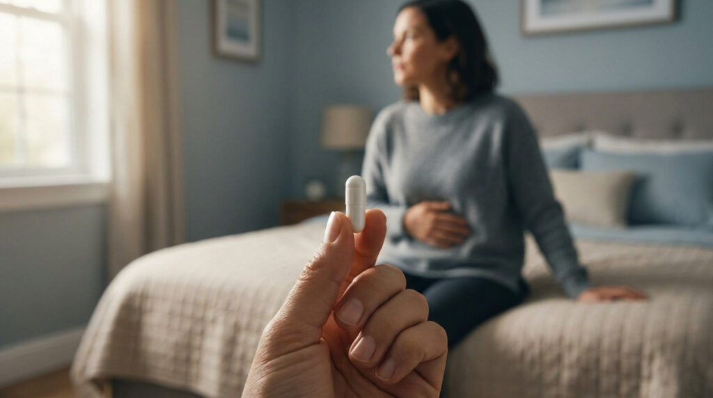 Une main tenant une gélule blanche avec une femme pensive assise sur un lit en arrière-plan flou.