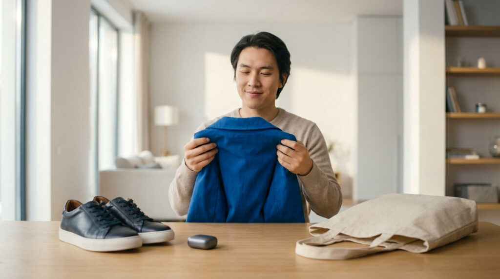 Un homme souriant examinant une veste bleue devant des baskets et un sac en toile sur une table.