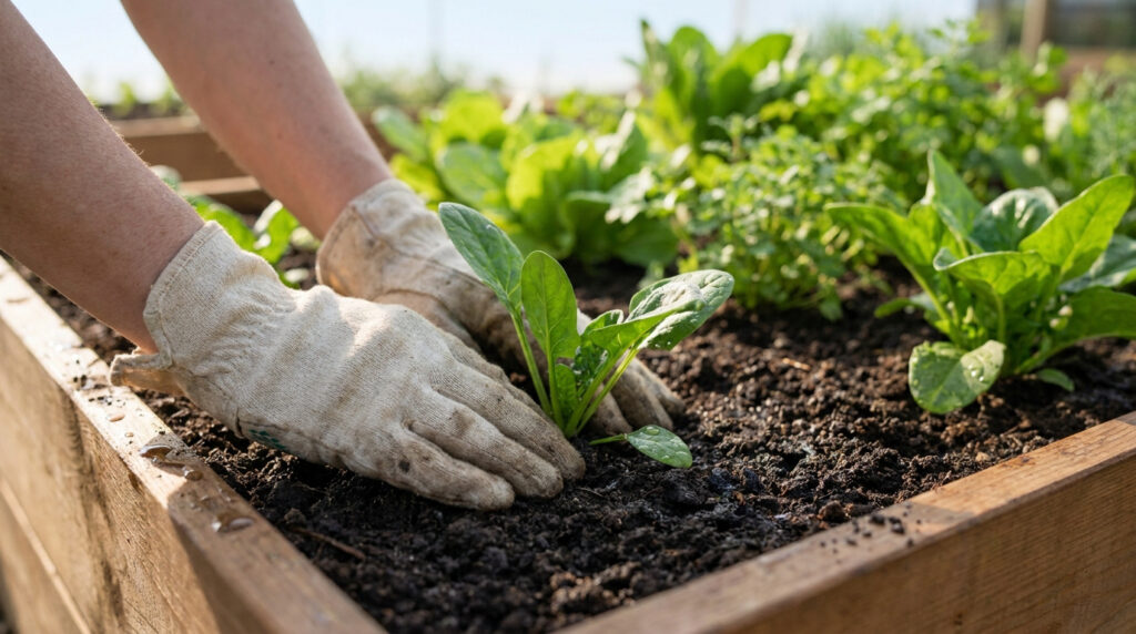 Mains gantées plantant un jeune épinard dans la terre d'un bac de potager en bois.