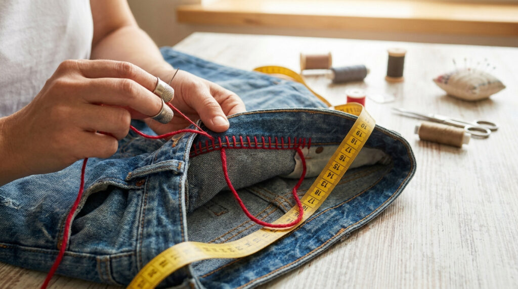 Gros plan sur des mains cousant la ceinture d'un jean bleu avec du fil rouge, un mètre ruban à proximité.