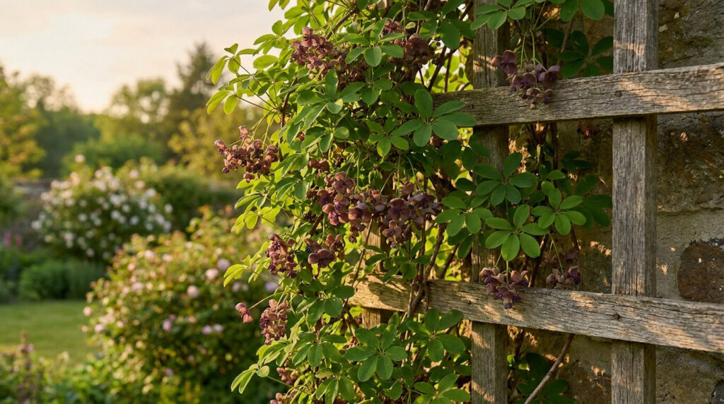Fleurs pourpres d'Akebia quinata grimpant sur un treillis en bois dans un jardin ensoleillé.
