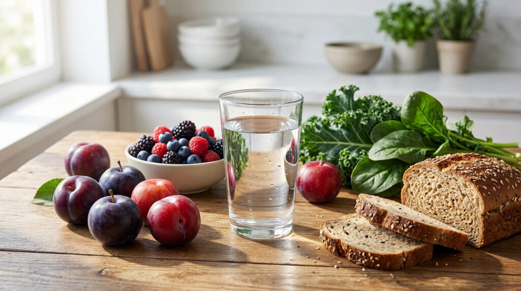 Un verre d'eau entouré de fruits frais, baies, épinards et pain complet sur une table en bois dans une cuisine.