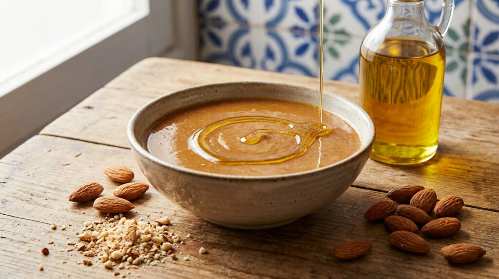 Bol d'amlou sur une table en bois avec de l'huile versée et des amandes entières et concassées tout autour.