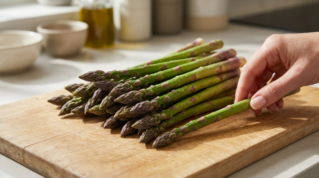 Une main tenant une asperge fraîche sur une planche à découper en bois devant un arrière-plan de cuisine flou.
