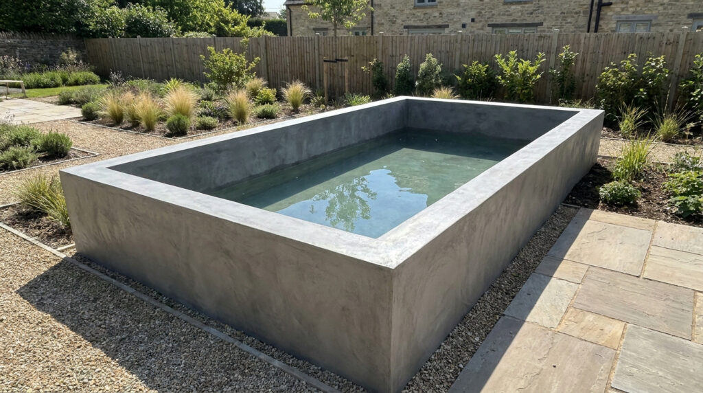 Un bassin rectangulaire en béton gris installé dans un jardin paysager avec des plantes ornementales.