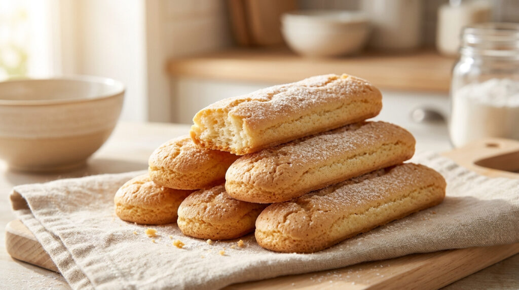 Pile de biscuits à la cuillère saupoudrés de sucre glace sur une planche en bois et un torchon dans une cuisine.