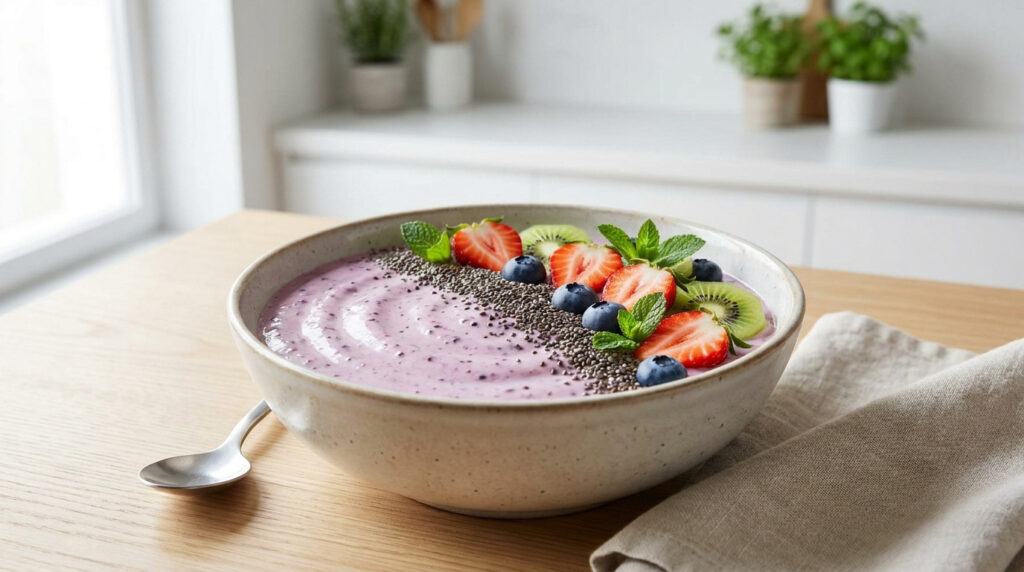 Un bol de smoothie violet garni de graines de chia, de fraises, de myrtilles, de kiwi et de menthe fraîche.