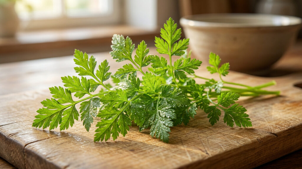Brins de cerfeuil frais et délicats posés sur une planche à découper en bois dans une cuisine lumineuse.