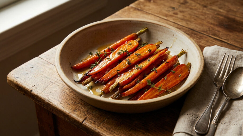 Carottes rôties dorées au miel et parsemées de thym frais dans une assiette en céramique rustique.