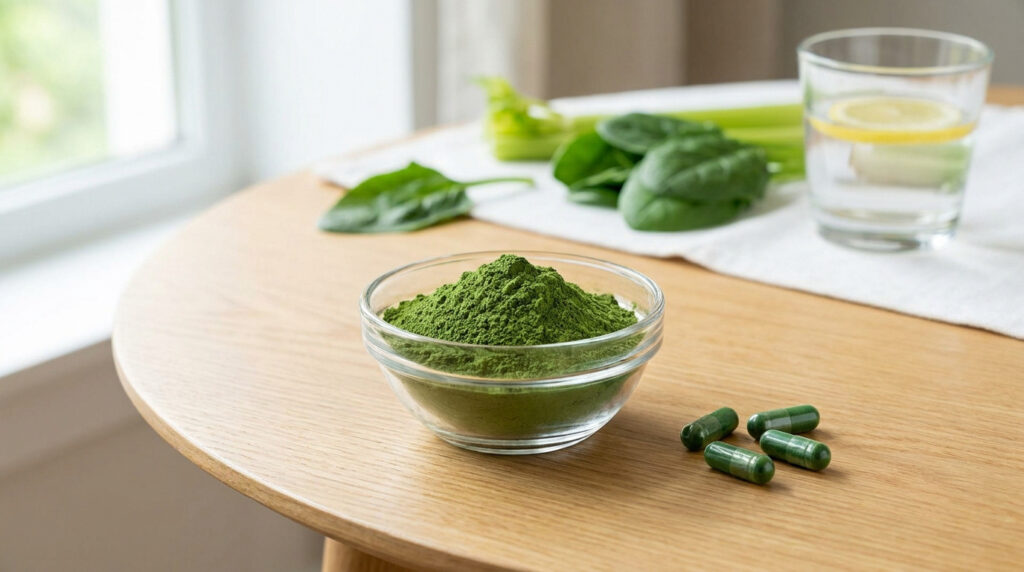 Bol de poudre de chlorella verte avec des gélules sur une table en bois et des épinards en arrière-plan.