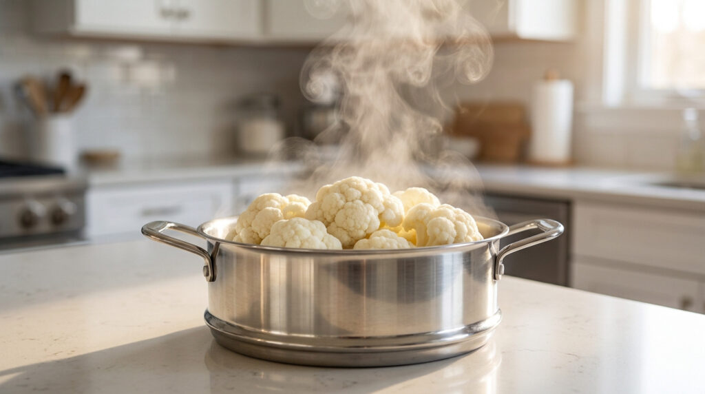 Un chou-fleur frais cuit à la vapeur dans une casserole en inox sur un plan de travail de cuisine.