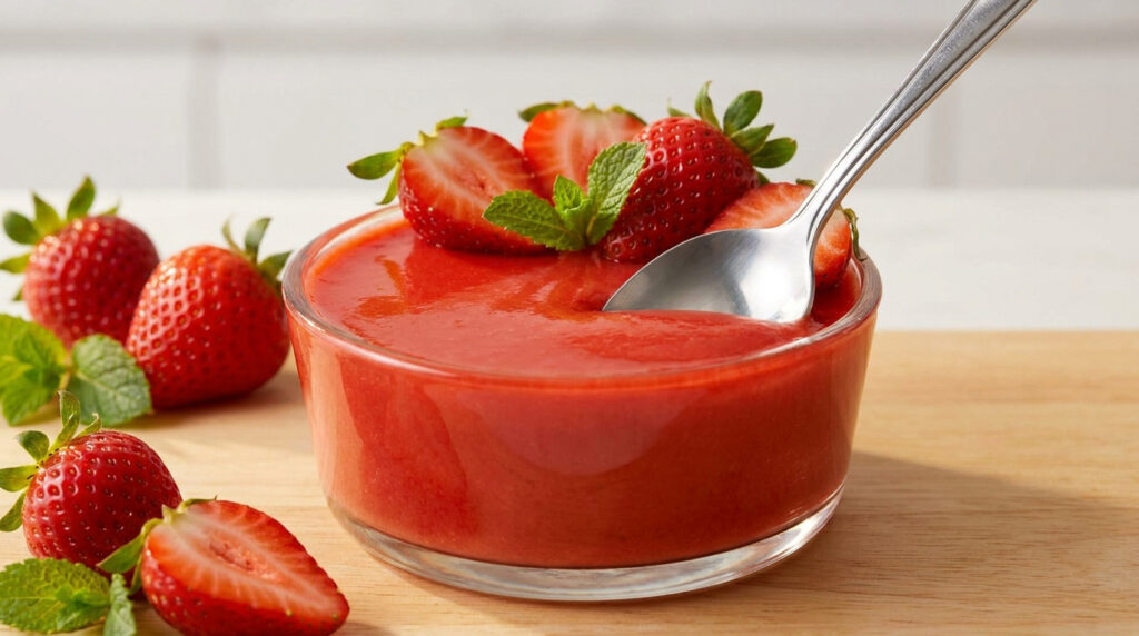 Un bol en verre rempli de crème de fraise lisse, garni de fraises fraîches et de menthe, sur une planche en bois.