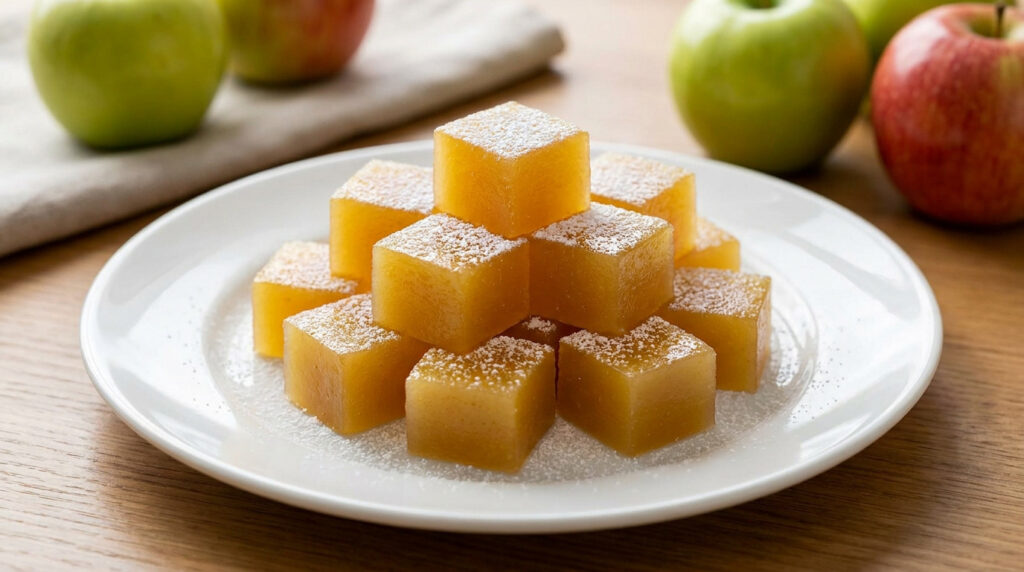 Cubes de pâte de fruit à la pomme saupoudrés de sucre glace sur une assiette blanche, avec des pommes en arrière-plan.