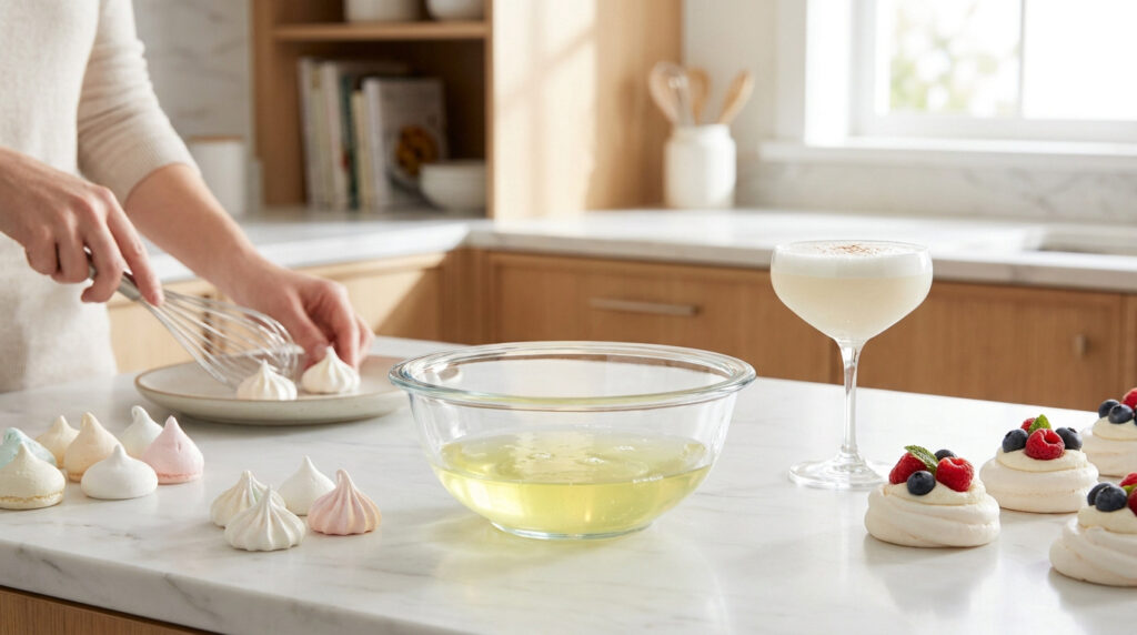Une personne cuisine des meringues et un cocktail à base de blancs d'œufs sur un plan de travail en cuisine.
