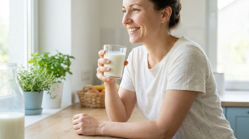 Une femme souriante assise dans une cuisine lumineuse tenant un verre de lait de chèvre.