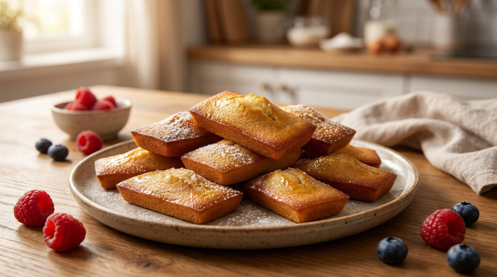 Assiette de financiers dorés saupoudrés de sucre glace, accompagnés de framboises et myrtilles sur une table en bois.