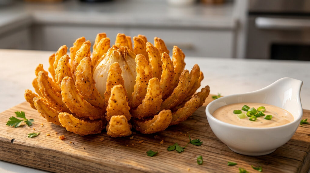 Une fleur d'oignon frite et dorée servie sur une planche en bois avec un bol de sauce crémeuse.