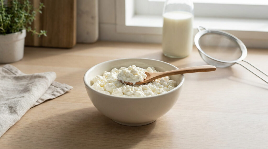 Bol de cottage cheese frais avec une cuillère en bois sur une table en bois clair près d'une bouteille de lait.