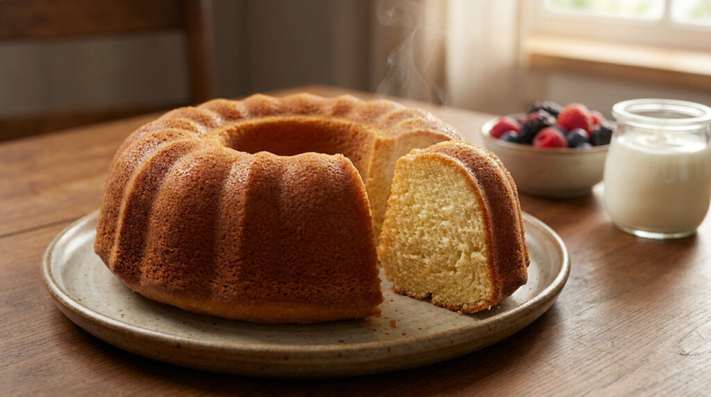 Un gâteau rond, doré et fumant sur une assiette en céramique, accompagné d'un bol de baies et d'un pot de yaourt.