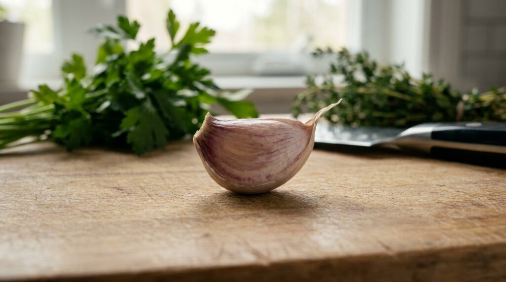 Une seule gousse d'ail sur une planche en bois avec du persil et du thym en arrière-plan flou.