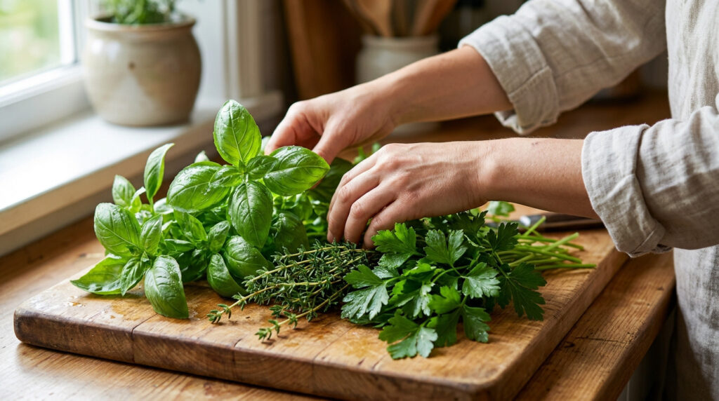 Mains préparant du basilic frais, du thym et du persil sur une planche à découper en bois dans une cuisine lumineuse.