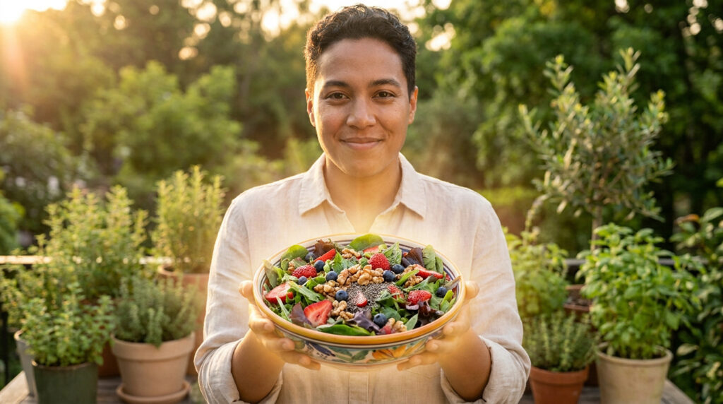 Une personne souriante tenant un saladier de fruits, noix et légumes frais dans un jardin ensoleillé.