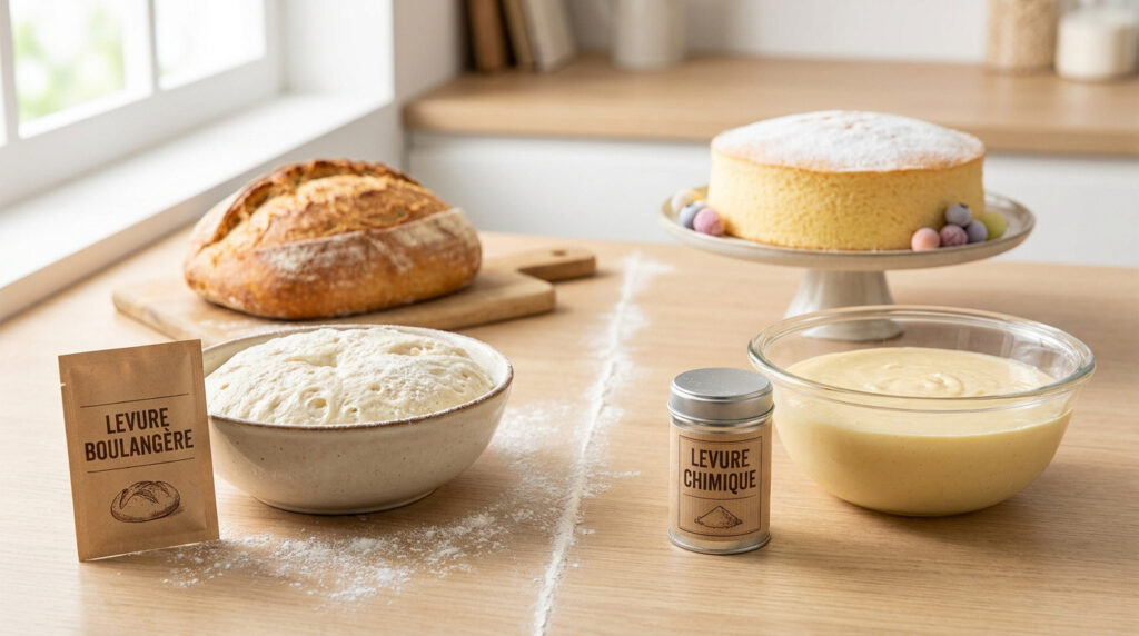 Comparaison visuelle entre levure boulangère avec pâte à pain et levure chimique avec pâte à gâteau sur une table.