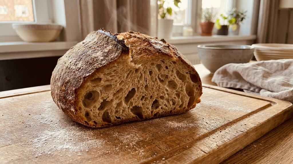 Un pain au levain chaud tout juste tranché sur une planche en bois, avec une mie bien alvéolée et une croûte dorée.