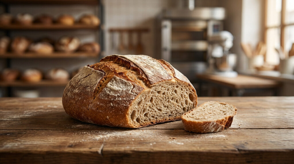 Une miche de pain complet artisanale coupée sur une table en bois dans une boulangerie traditionnelle.