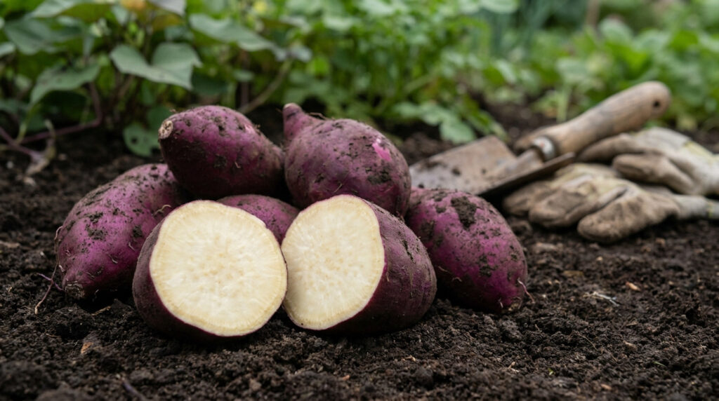 Patates douces Murasaki fraîchement récoltées avec une peau violette et une chair blanche sur le sol du jardin.