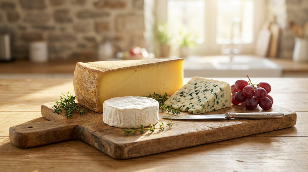Assortiment de fromages, raisins et herbes sur une planche en bois dans une cuisine lumineuse.