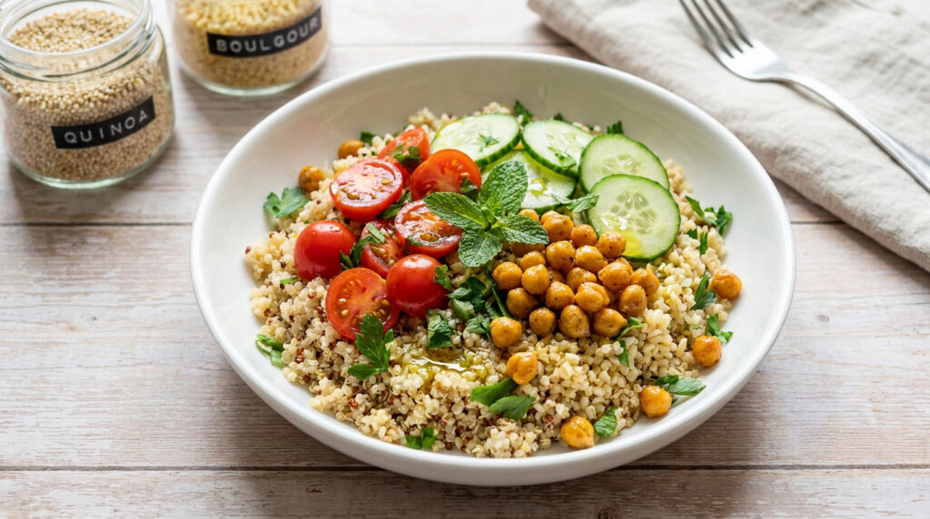 Bol de salade au quinoa, boulgour, pois chiches, tomates cerises et concombre sur une table en bois.
