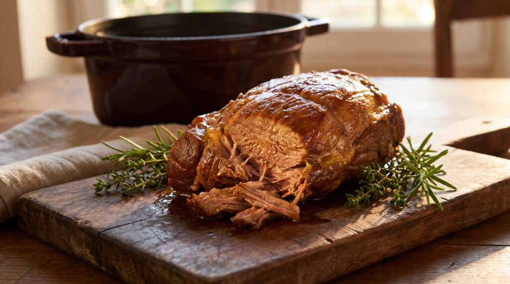 Un tendre rôti de veau doré sur une planche en bois avec du romarin et une cocotte en arrière-plan.