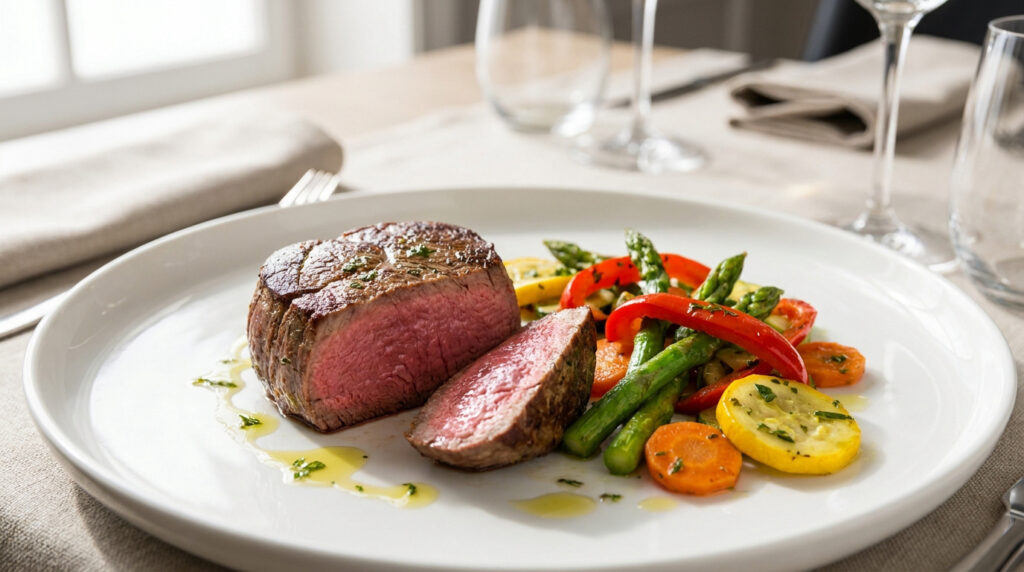 Tournedos de bœuf saignant accompagné d'asperges, carottes et courgettes sur une assiette blanche.